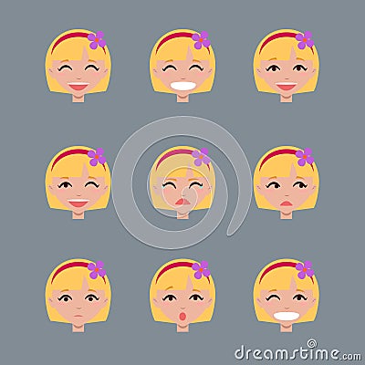 Set of emotions of fair-haired girl. Vector Illustration