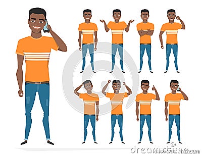 Set of emotions and gestures to the young black african american man. Vector Illustration