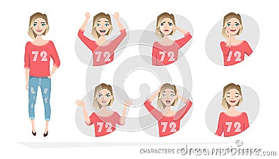 Set of emotions and gestures to the young woman. Vector Illustration