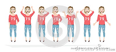 Set of emotions and gestures to the young woman. Vector Illustration