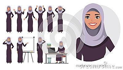 Arabic business woman.Young girl in a cartoon style experiences different emotions and poses. Set of emotions and poses Vector Illustration