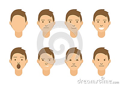 A set of emotions. 8 types of male faces. Different moods vector images. Stock Photo