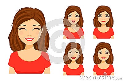 Set of emotions. Young cute girl shows different emotions. Sad, surprised, happy, laughing Stock Photo