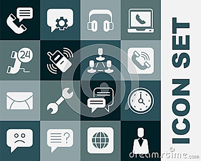 Set Employee, Clock, Telephone handset, Headphones, Mobile, 24 hours support, conversation and hierarchy icon. Vector Stock Photo