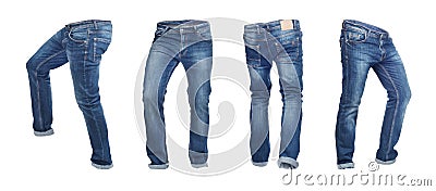 Set of empty blank jeans pants in different poses Stock Photo