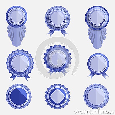 Set of empty blue badges with ribbons Vector Illustration