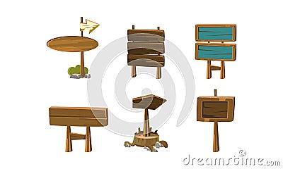 Set of empty cartoon banners. Wooden signboards with place for your text. Flat vector elements for mobile game Vector Illustration