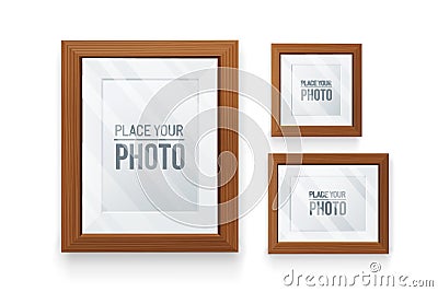 Set of empty frames wood in various format.Realistic wood,transparent glass,3D element .Design Template For Mock Up Vector Illustration