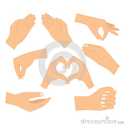 A set with empty human hands. The hand holds, gives, depicts a heart gesture, holds with two fingers, a pinch gesture. Cartoon Cartoon Illustration