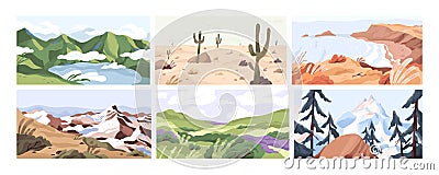 Set of empty landscapes and sceneries with snowy mountain tops, hills, field, lake, sea and desert. Collection of scenic Vector Illustration