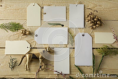 Set of empty paper price tags, wooden background Stock Photo