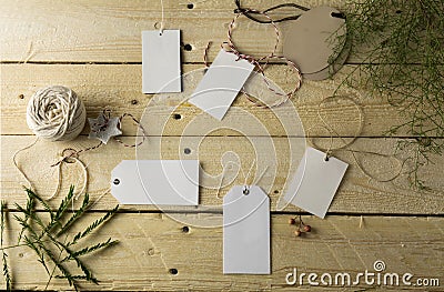 Set of empty paper price tags, wooden background Stock Photo