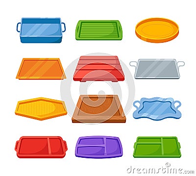Set Empty Plastic, Metal and Wooden Trays, Takeout Items. Serving Trays for Home Kitchen, Caterer Food, Office Parties Vector Illustration