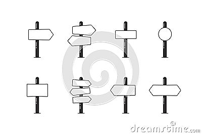 Set of 8 empty road sign post arrows indicating pointing towards directions. Isolated Vector illustration icon graphics to add Vector Illustration