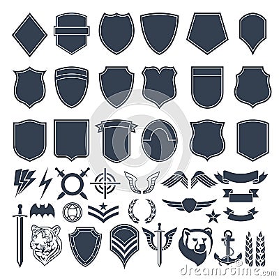 Set of empty shapes for military badges. Army monochrome symbols Vector Illustration