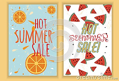 A set of empty templates with the inscription hot summer sale on the background of watermelon slices and on the background of Cartoon Illustration