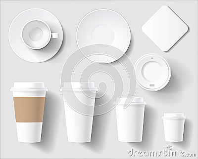 Set of Empty White Coffee Brand Cups Vector Illustration