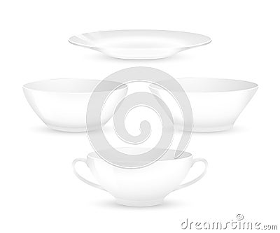 Set of empty white plates and bowls. Kitchen utensils isolated Vector Illustration