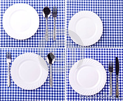 Set of empy plate on the tablecloth in a cage Stock Photo