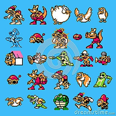Set of enemies characters from 8-bit Darkwing Duck classic video game, pixel design vector illustration Vector Illustration
