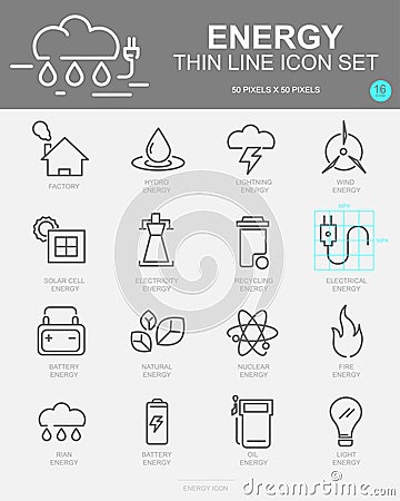 Set of Energy Vector Line Icons. Includes wind energy, Hydro energy, Solar Cell energy, Factory and more Vector Illustration