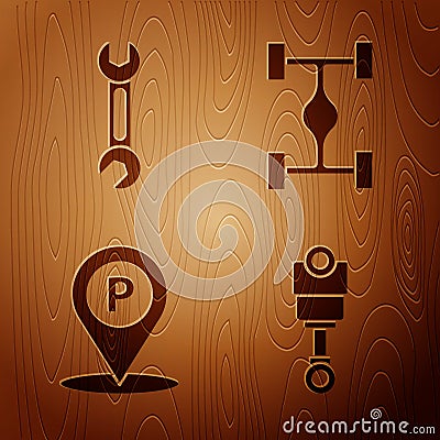 Set Engine piston, Wrench, Location with parking and Chassis car on wooden background. Vector Vector Illustration