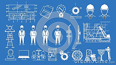 A set of engineering icons. It contains blueprints, engineer icons, tools, construction icons, mechanical icons Stock Photo