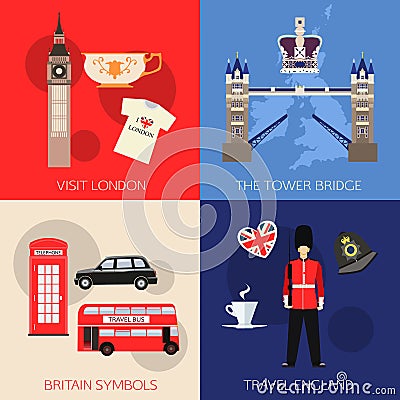 Set of England travel compositions with place for text. Visit London, The Tower Bridge, Britain Symbols, Travel England Vector Illustration