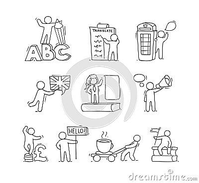 set of english icons with working little people Vector Illustration
