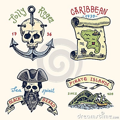 Set of engraved, hand drawn, old, labels or badges for corsairs, skull at anchor, map to treasure, black beard Vector Illustration