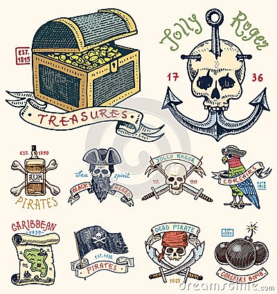 Set of engraved, hand drawn, old, labels or badges for corsairs, skull at anchor, treasures, flag , Caribbean parrot Vector Illustration