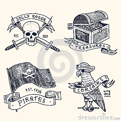 Set of engraved, hand drawn, old, labels or badges for corsairs, skull at anchor, treasures, flag , Caribbean parrot Vector Illustration