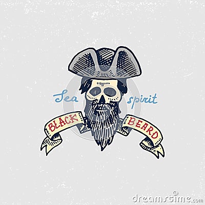 Set of engraved, hand drawn, old, labels or badges for corsairs, skull, black beard. Pirates marine and nautical or sea Vector Illustration