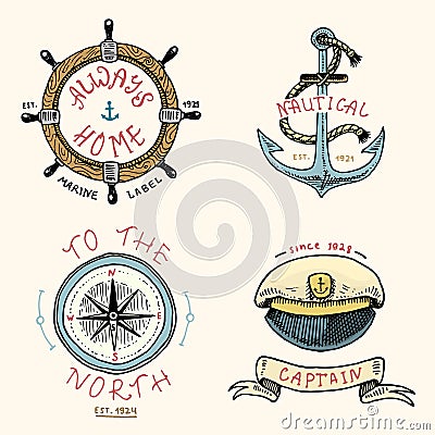 Set of engraved vintage, hand drawn, old, labels or badges for anchor, steering wheel, captains cap, compass. Marine and Vector Illustration