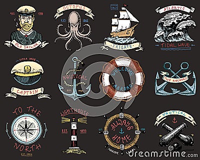 Set of engraved vintage, hand drawn, old, labels or badges for anchor, steering wheel, captains cap, compass. Marine and Vector Illustration