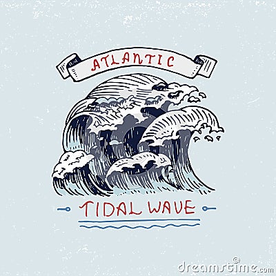 Set of engraved vintage, hand drawn, old, labels or badges for atlantic tidal wave. Marine and nautical or sea, ocean Vector Illustration