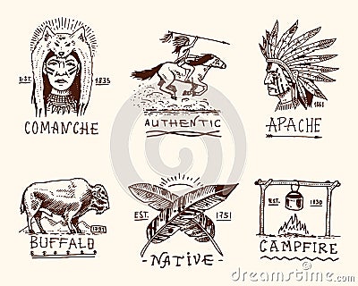 Set of engraved vintage, hand drawn, old, labels or badges for indian or native american. buffalo, face with feathers Vector Illustration