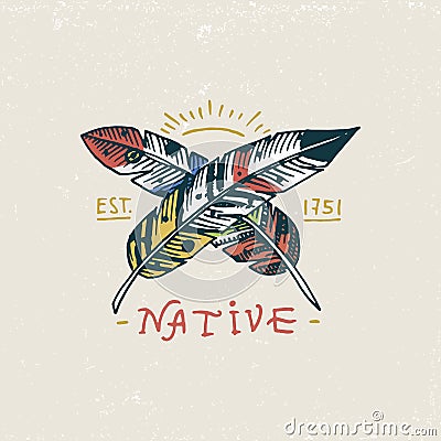 Set of engraved vintage, hand drawn, old, labels or badges for indian or native american, feathers. Vector Illustration