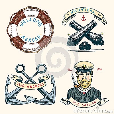 Set of engraved vintage, hand drawn, old, labels or badges for a life ring, a cannon ball, a captain with a pipe Vector Illustration