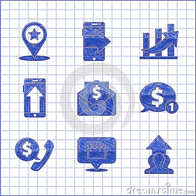 Set Envelope with coin dollar, Growth chart and progress people crowd, Speech bubble, Telephone handset speech chat Stock Photo