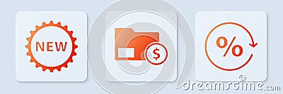 Set Envelope with coin dollar, Price tag with New and Discount percent tag. White square button. Vector Vector Illustration