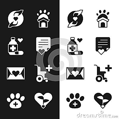 Set Envelope with heart, Medicine bottle and pills, Pleasant relationship, Animal shelter house, Wheelchair for disabled Stock Photo