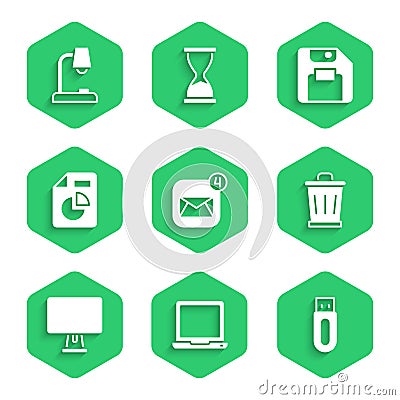 Set Envelope, Laptop, USB flash drive, Trash can, Computer monitor, Document with graph chart, Floppy disk and Table Vector Illustration