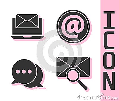 Set Envelope with magnifying glass, Laptop with envelope, Speech bubble chat and Mail and e-mail icon. Vector. Vector Illustration