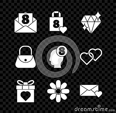 Set Envelope with 8 March, Shopping bag heart, Diamond, Gift box and, Flower, Handbag and human head icon. Vector Vector Illustration