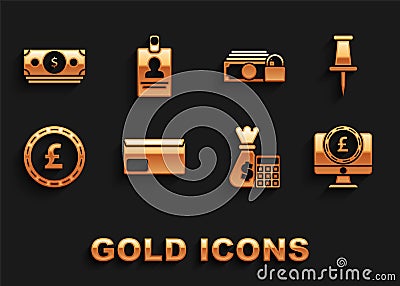 Set Envelope, Push pin, Computer monitor with pound sterling symbol, Calculator money bag, Coin, Money lock, Stacks Stock Photo