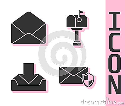 Set Envelope with shield, Envelope, Download inbox and Mail box icon. Vector Vector Illustration