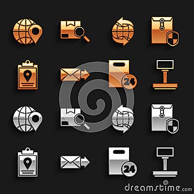 Set Envelope, with shield, Scale, Delivery cardboard boxes, Document tracking marker system, Worldwide, Location on the Vector Illustration