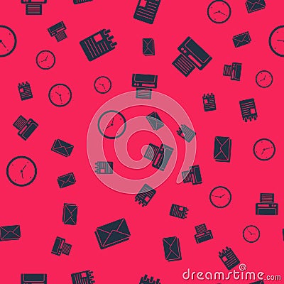 Set Envelope, Spiral notebook, Clock and Printer on seamless pattern. Vector Vector Illustration