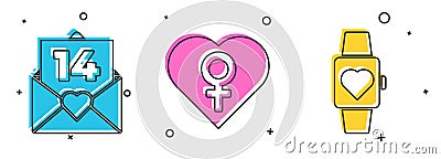 Set Envelope with Valentine heart, Heart with female gender and Heart in the center wrist watch icon. Vector Vector Illustration